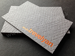 Blind debossed lined pattern pressed into this smoke grey card, finished with satin copper foil.