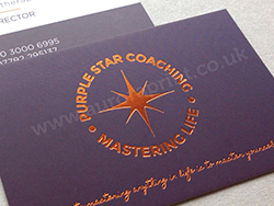Full colour printed purple business cards, hot foil printed with a bright metallic copper.