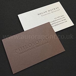 Blind embossed and duplexed nubuck brown and mist 700gsm business cards.