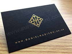 Gold foil business cards - Metallic gold foil business cards on ebony colorplan.