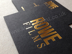 Dark metallic gold foil printed logo on thick 700gsm black card.