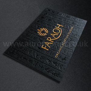 Ebony colorplan business cards with gold foil logo and black gloss debossed hieroglyphics.
