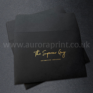 Gold foil printed C6 black uncoated envelopes.