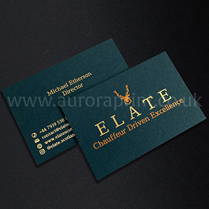 Racing green business cards with gold and copper foil print.